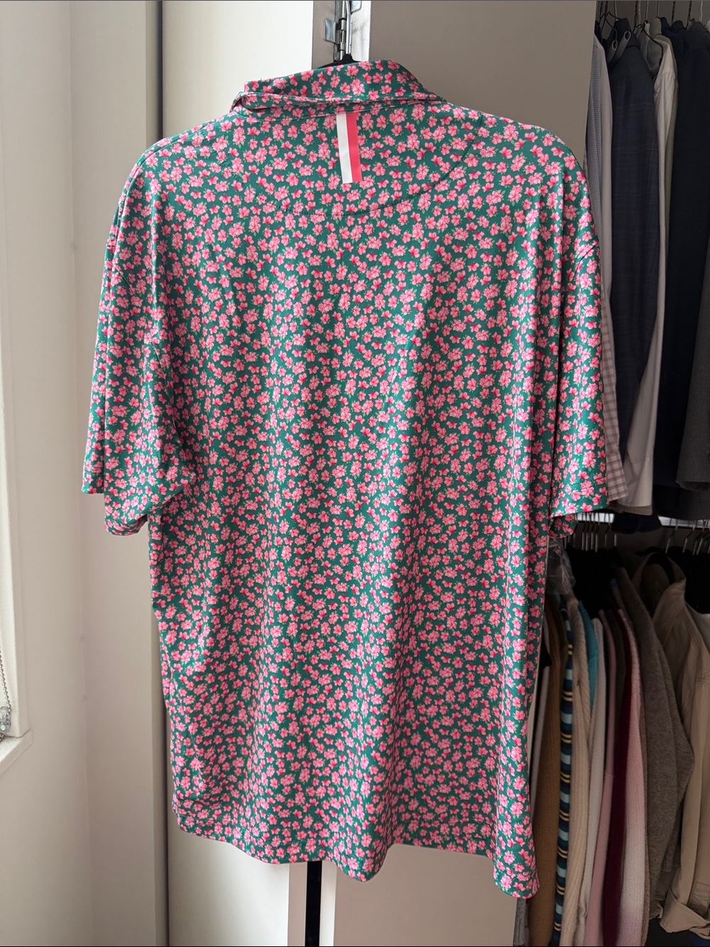 Men's Green Polo Shirt with Pink Floral Print - Rhoback Azalea collection - Picture 2 of 5
